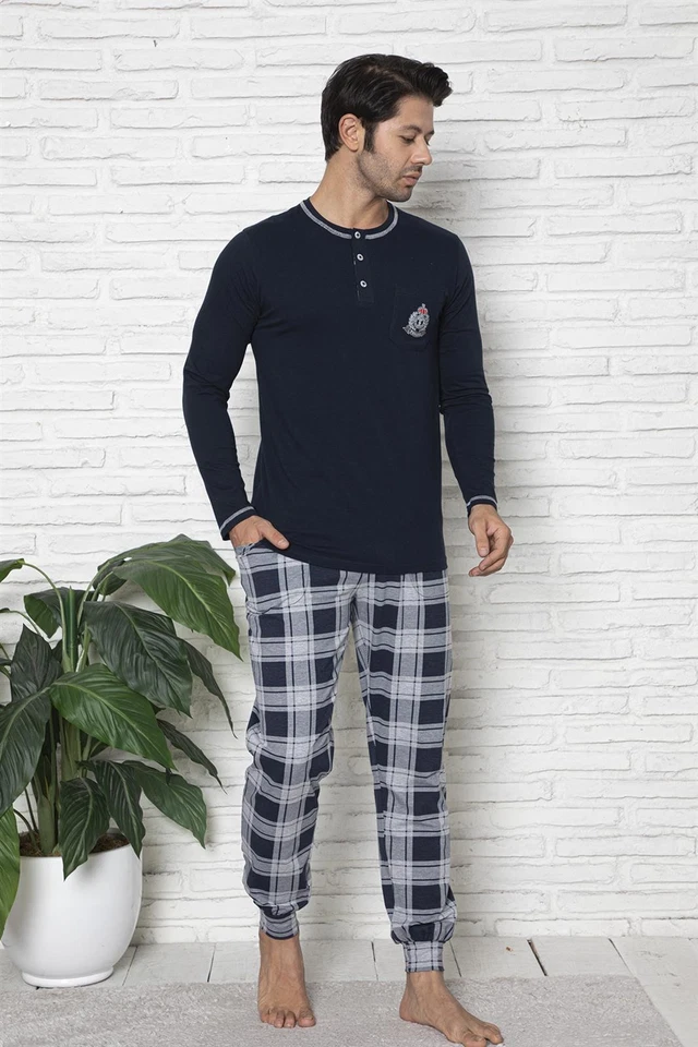 Mens Pyjamas Long Sleeve Cotton Check Sleepwear House Suit Nightwear M-5XL - Image 2 of 4