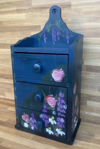 Vintage Wood Wall Pocket Shelf 3 Drawer Hanging Storage Chest Cottagecore 17.5"