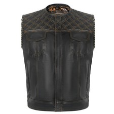 Men Black Leather Motorcycle Vest Brown Paisley Inner Bike Rider Waistcoat