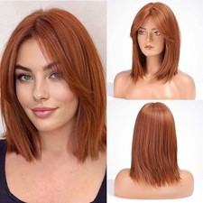 Bob Straight Layered Copper Red Heat Resistant Hair Dress Up Wigs With Bangs
