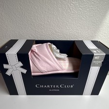 Charter Club Women's Pink Slip-On Slippers 7-8M Satin Plaid Open Toe Bow