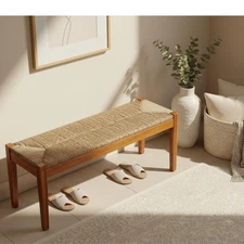 Acacia Solid Wood Bench with Woven Seagrass Seat, Entryway Bench, Wicker Benc...
