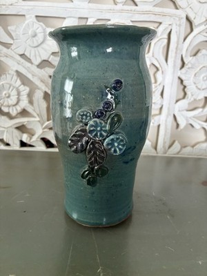 Pottery Vase/ Handmade Teal And Blue With Flower Accents