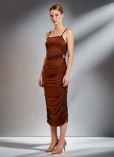 Hearts & Hips (A) Women’s Cami Knee Length Dress S Brown Bodycon Ruching EUC