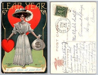 1908 Leap Year Postcard Woman Heart Money Bag P. Sander Scranton PA Postmark
