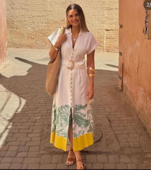 Zara Womens Grecian Shirt Dress XS White Green Belted Midi Linen