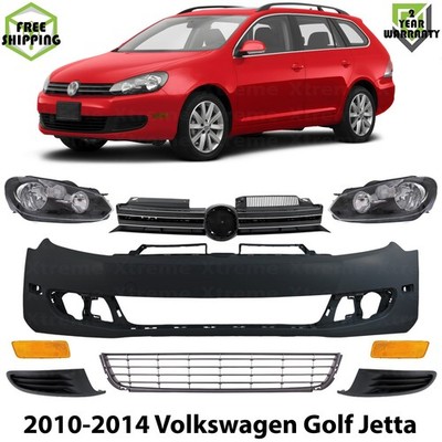 Front Bumper Cover Primed & Headlights Kit For 2010-2014 Volkswagen Golf Jetta