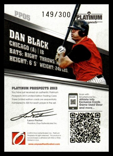 2013 Onyx Platinum Prospects #PP05 Dan Black Chicago White Sox #/300 - Picture 2 of 2