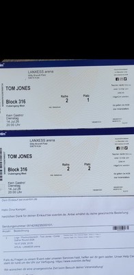 Tom Jones 2 Tickets 14.07.26 Köln LANXESS Loge Block 316 - EUR 149,00/Stk.