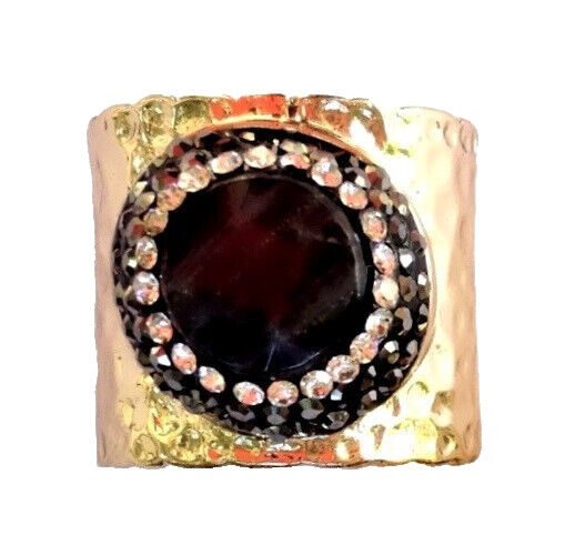 Jet Black Stone Ring Boho Handcrafted Zircon Crystal Drusy Pave Gold Cigar Band