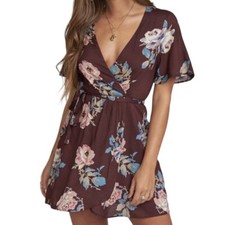 Show Me Your Mumu Floral Burgundy Brown Short Sleeve Mini Tie Waist Wrap Dress S