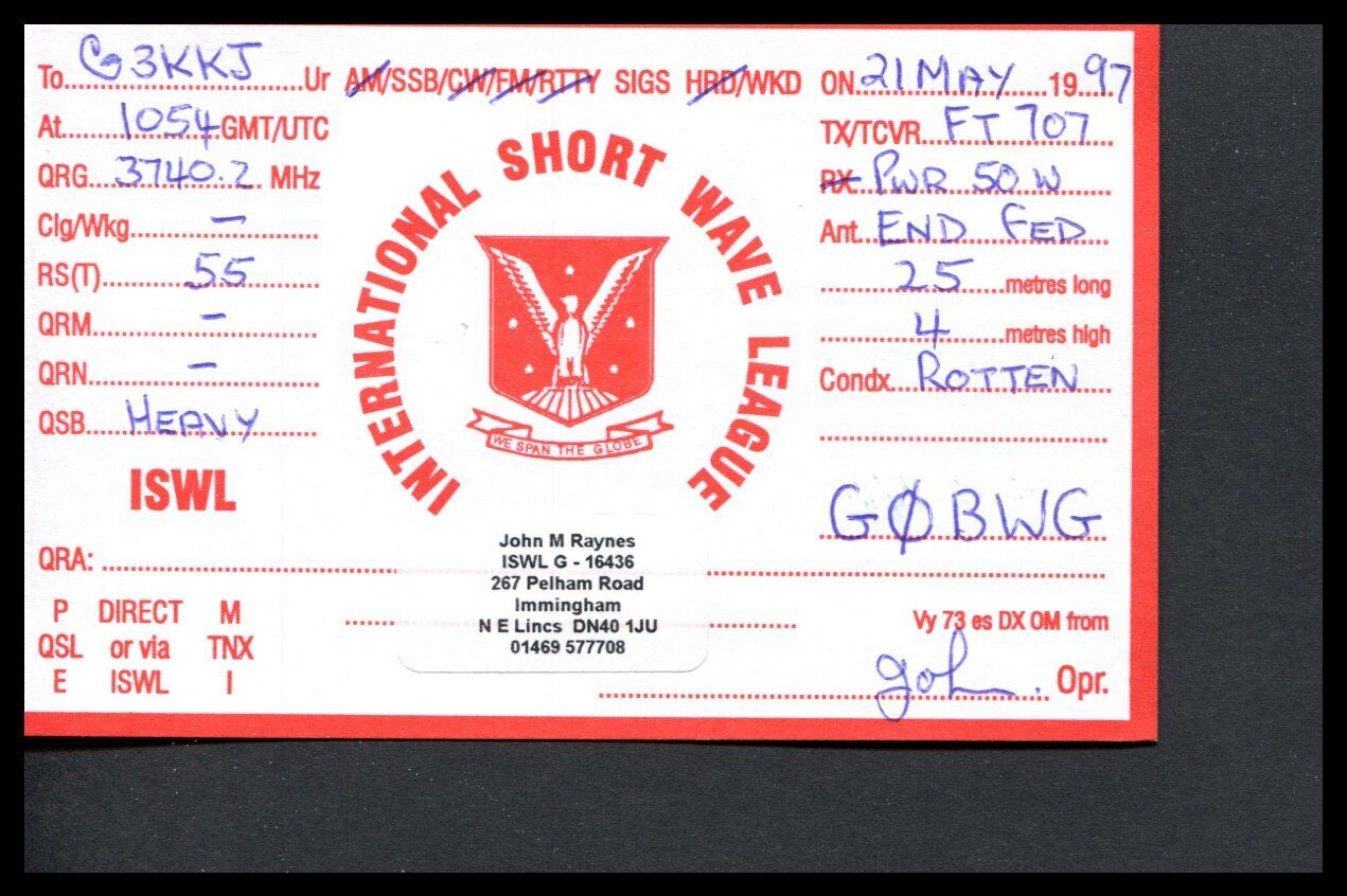 1 x QSL Card Radio ISWL G-16436 G0BWG - J M Raynes - Immingham - 1997 ≠ Q105