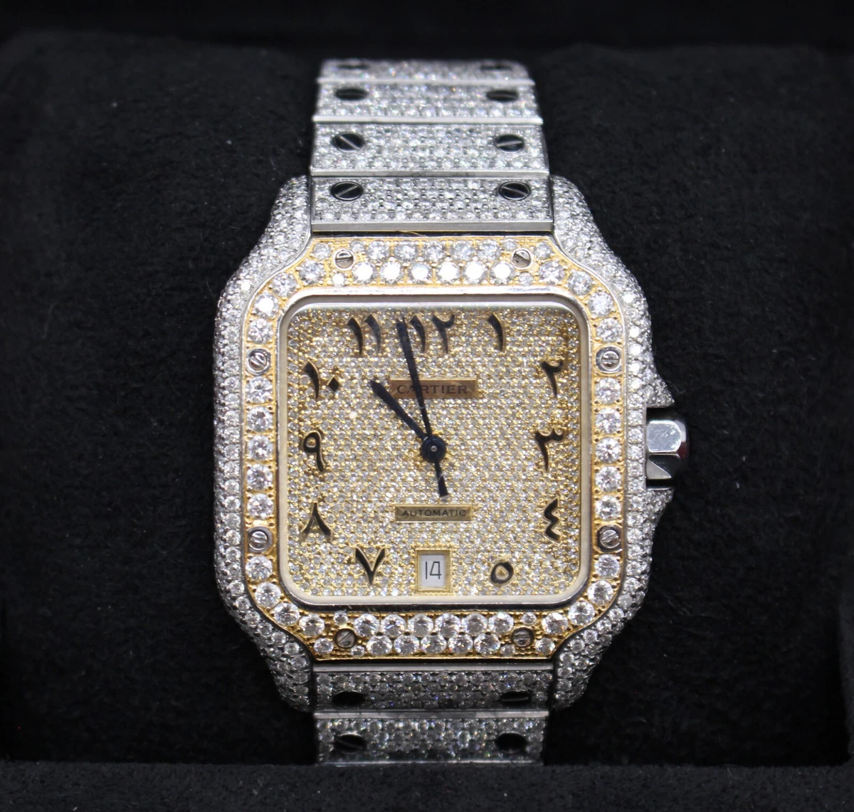 Men s Cartier Santos 4072 2 Tone Arabic Iced 14.41tcw Diamonds
