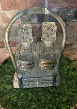 Vintage Glass Decanter Set With Caddy And Scotch And Bourbon Pewter Tags 