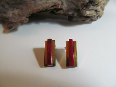 Vintage NEZ 925 Sterling Gold Plated Over Red Stone Rectangle Stud Earrings 6.1g