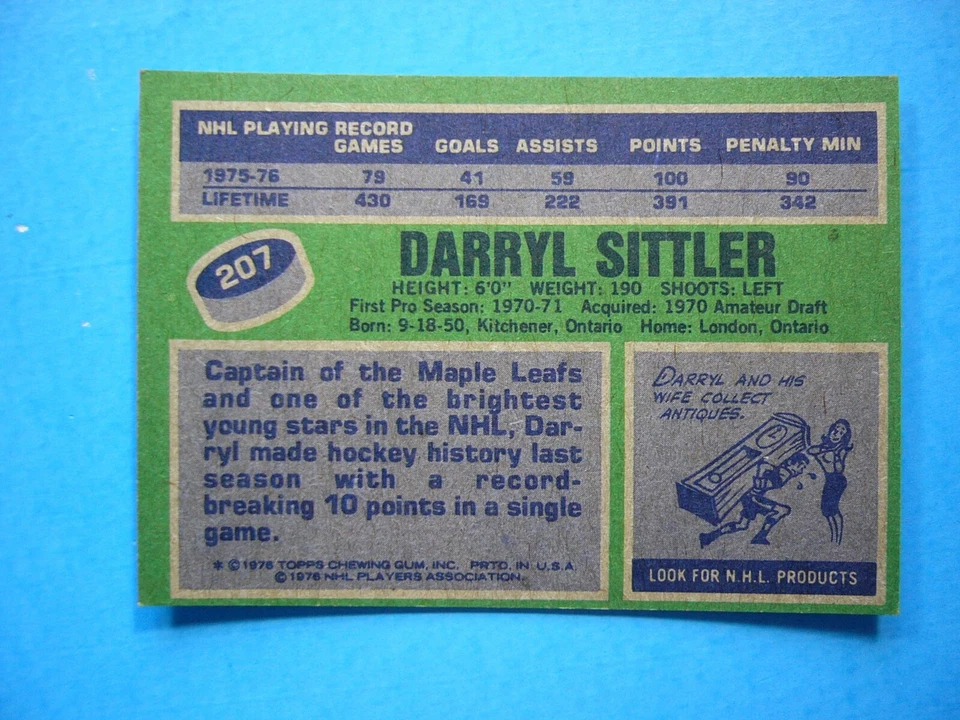 1976/77 TOPPS NHL HOCKEY CARD #207 DARRYL SITTLER NM SHARP+ 76/77 TOPPS - Image 2 of 2