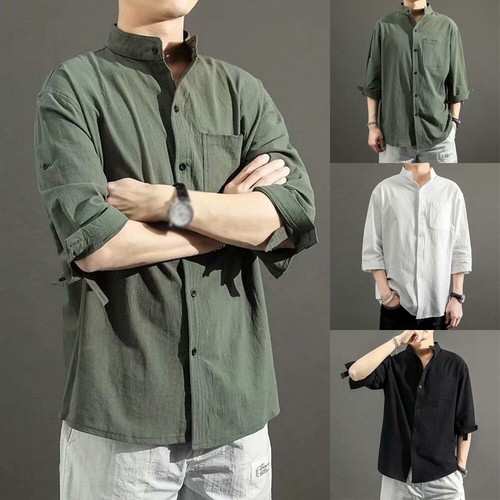 Mens Linen Casual Shirt Tee Collarless Grandad Button Down Short Sleeve Tops - Picture 1 of 14