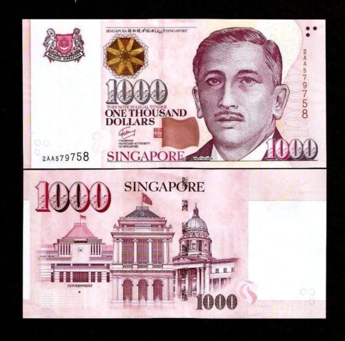 SINGAPORE 1000 1,000 DOLLAR P-51 1999-2018 AA 1st Prefix UNC MONEY New BANK NOTE - Picture 1 of 2