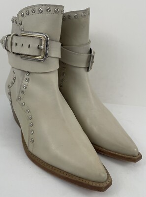 Free People Billy Billy Studded Buckle Western Ankle Ivory Women SZ 37.5 US 7.5