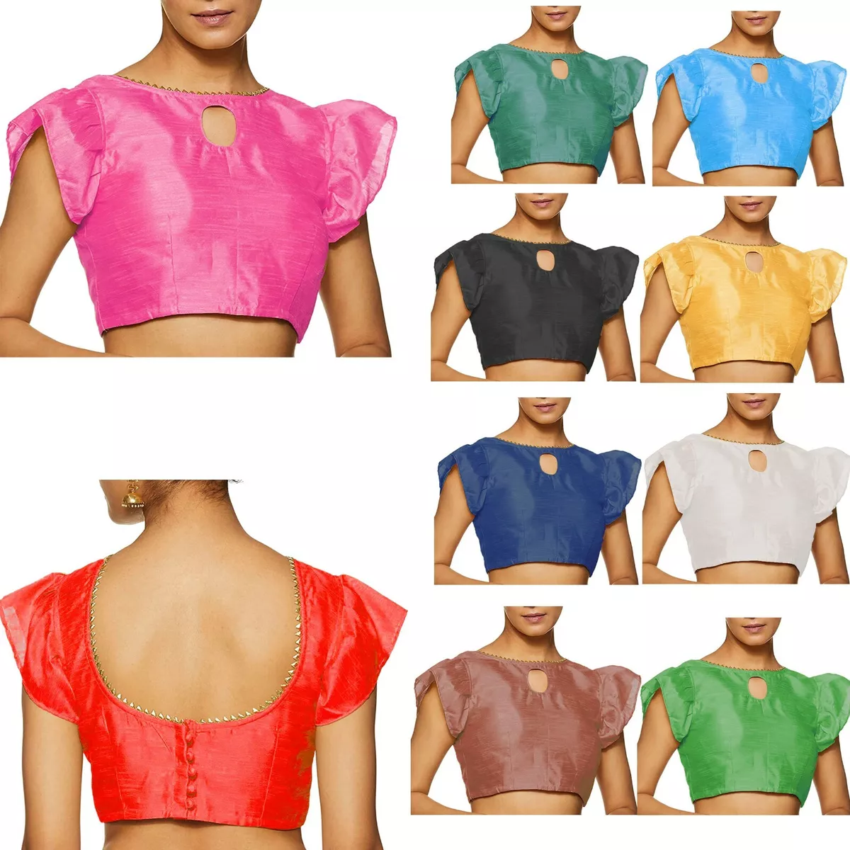 Women's Dupion Silk Boat Neck Blouse Embellished Readymade Crop