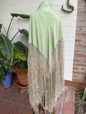 Antique Green Silk Fabric Piano Scarf Tattered Tablecloth Poor Cutter Condition