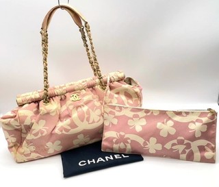 Auth Chanel Canvas Clover Print Frame Chain Tote Bag W/Dustbag/Pouch NS060518