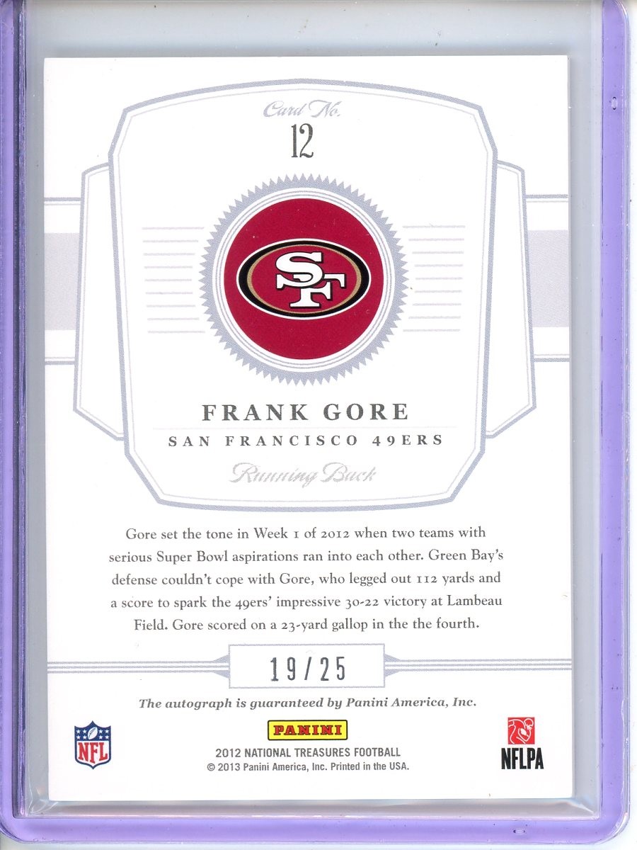 Frank Gore Virtuoso Signatures Auto /25 2012 Panini National Treasures #12 view 2