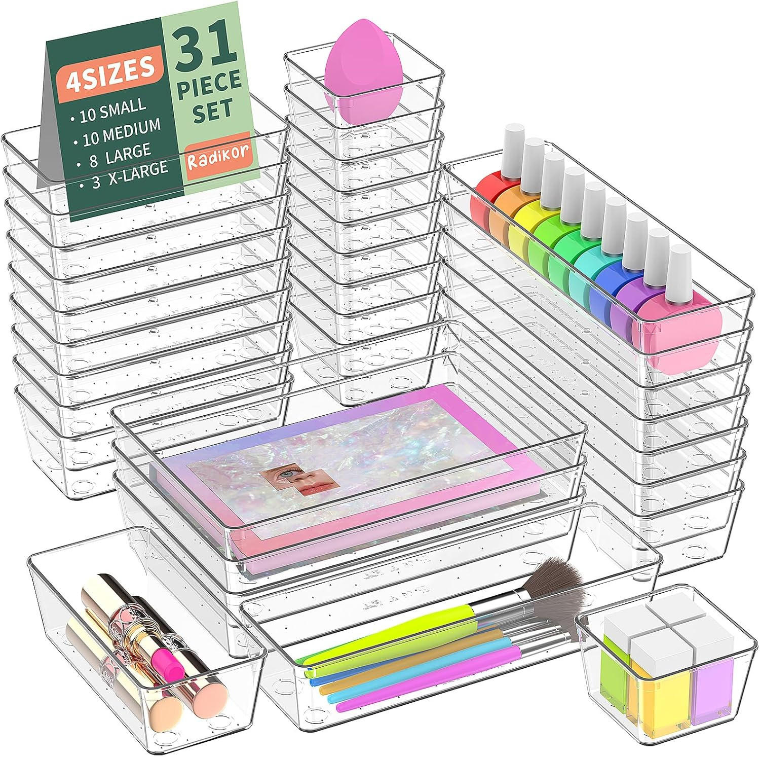 Organizer Cassetti 31 Pezzi, Organizer Trucchi Cassetti in Plastica Trasparente,