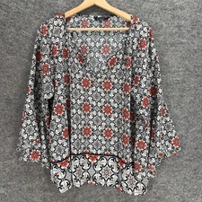 Zac & Rachel Blouse Women M Medium White Geometric V-Neck Long Sleeve Casual