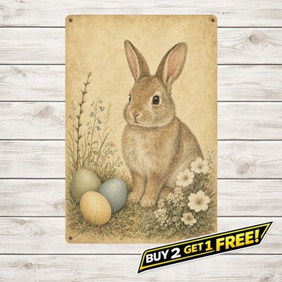 Pastel Eggs Spring Easter Bunny Illustration Metal Sign 8x12 Plaque