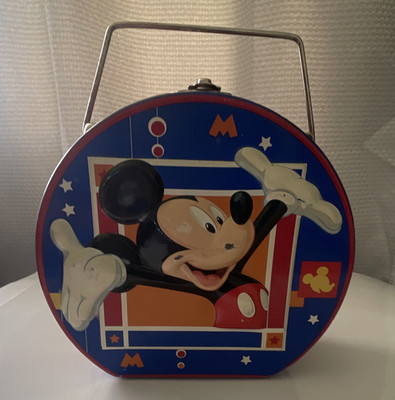 Vintage Disney Mickey Mouse Embossed Metal Lunchbox Round Tin Storage Container