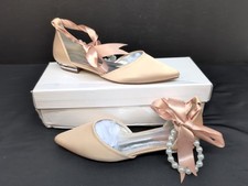 Women's Pointed Toe Pearl Ankle Strap Ribbon Tie Wedding Heel EU 36 Champagne
