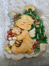 Vintage Eureka USA Baby Christmas Angel Kitty Cat Paper Cut Out 10x16" 2 Sided