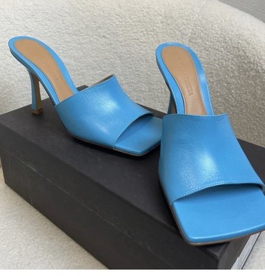 Bottega Veneta Blue Leather Square Toe Mule Heels, Size 36.5 (6.5 US)