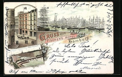 Lithograph Hamburg, Fischer's Hotel Building View with Street, Alster Arcaden, 
