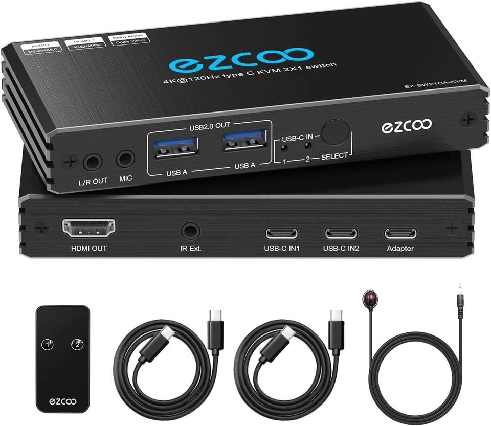 4K@120Hz USB-C KVM Switch HDMI2.1 2 Laptops mit 2 USB 2.0 Ports L/R MIC Out S... - Bild 2 von 4