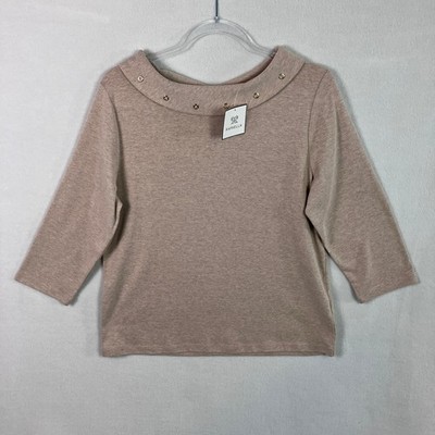 Rafaella Grommet Studded Collar 3/4 Sleeve Top Women's Size PL Champagne NWT