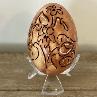 VTG Pysanka Hand-Carved Real Chicken Egg Shell Wild Violets Floral Design Signed