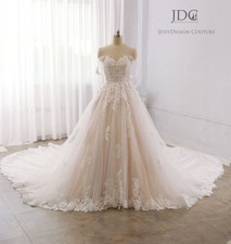 Luxury Glitter Lace Wedding Dress Bridal Gown 32-60 Long Train Champagne