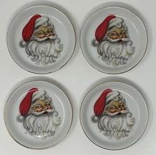 Vintage Santa Claus Merry Christmas Coasters 3.75" Porcelain Trinket Dish ~Set/4