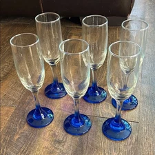 Hand Blown Elegant Blue Stem Champagne Flutes Vintage Cobalt Set of 6 Mexico