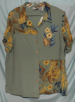 Fashion Bug Green Yellow Floral Collared SS Textured Button Up Size 18W/20W NWT
