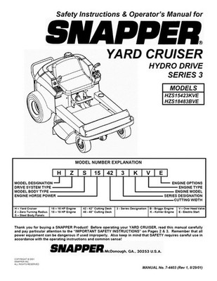 Owner s Manual Snapper Yard Cruiser Riding Mower - Series 3 - Model HZS15423KVE