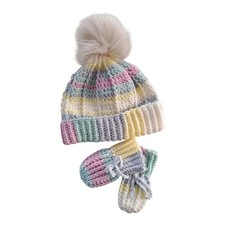 Baby's Hat And Mitts Set, Mixed pastel Colours With Pompom. 3 - 6 Months
