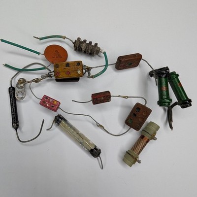 Mixed Lot Electronic Components Vtg Resistors Capacitors Inductors Wire Parts E7