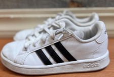 adidas Grand Court Unisex Kids Sneakers White Black Leather Low Top Lace Up 12K