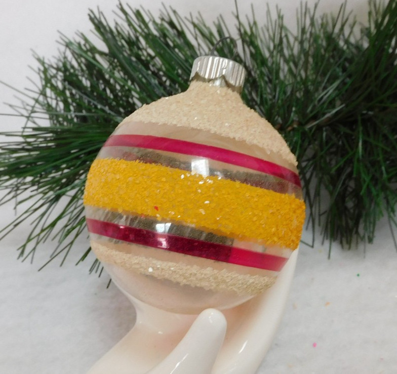 VINTAGE SHINY BRITE CHRISTMAS ORNAMENT UNSILVERED STRIPE BALL  MICA WONDERFUL