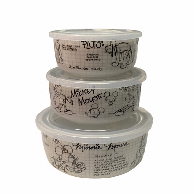 Disney Sketchbook Ceramic Covered Bowl Set Mickey Minnie and Pluto