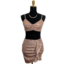 Woman's FASHION NOVA Cocktail/Party Stretch Mini Skirt & Top- Rose Gold Size S