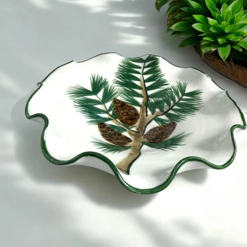 Vintage SHEEPSCOT RIVER Pottery Hand Painted PINECONE 7.25” Dish